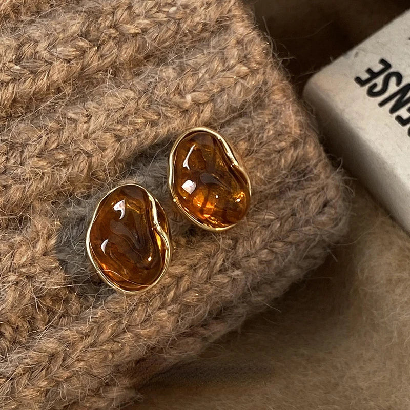 Vintage Brown Resin Tiger Eye Stone Dangle New Earrings For Women Fashion Silver Needle Earring Personality Melard Color Jewelry