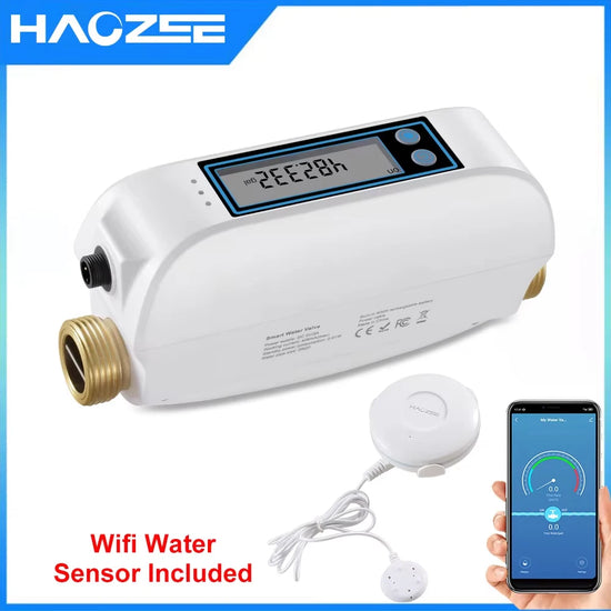 Haozee Tuya Smart WiFi Water Valve Shutoff Water Flow Meter Built in Rechargable Battery for DN20 3/4-Inch Diameter Pipe