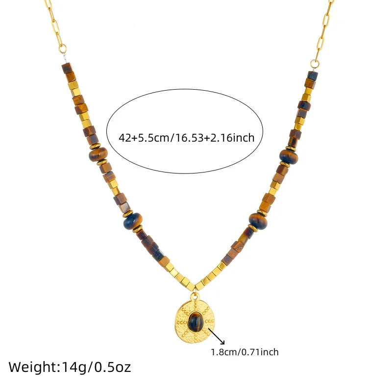 DIEYURO 316L Stainless Steel Square Beaded Vintage Tiger Eye Pendant Necklace For Women Fashion Trend Neck Chain Jewelry Gift