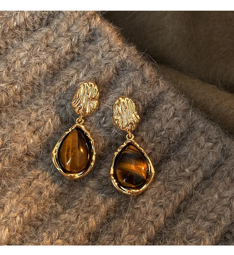 Vintage Brown Resin Tiger Eye Stone Dangle New Earrings For Women Fashion Silver Needle Earring Personality Melard Color Jewelry