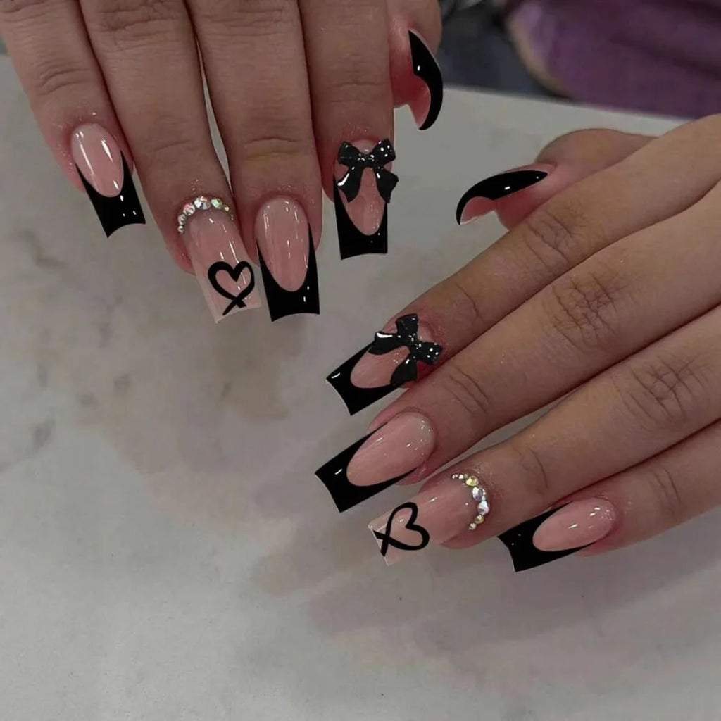 White French Press on Nails 3D Bowknot Fake Nails Tips Full Cover Wearable False Nails for Women and Girls DIY Manicure 24Pcs