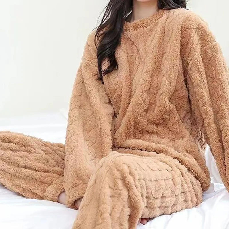 HELIAR Women Warm 2 Piece Sets Thicken Velvet Ribbed Fleece Set Pullover And Pants Casual Pajama Sets Women Autumn Winter 2024