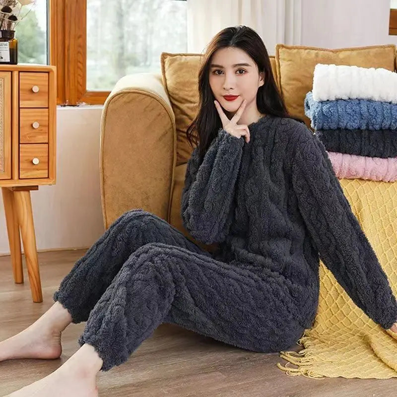 HELIAR Women Warm 2 Piece Sets Thicken Velvet Ribbed Fleece Set Pullover And Pants Casual Pajama Sets Women Autumn Winter 2024