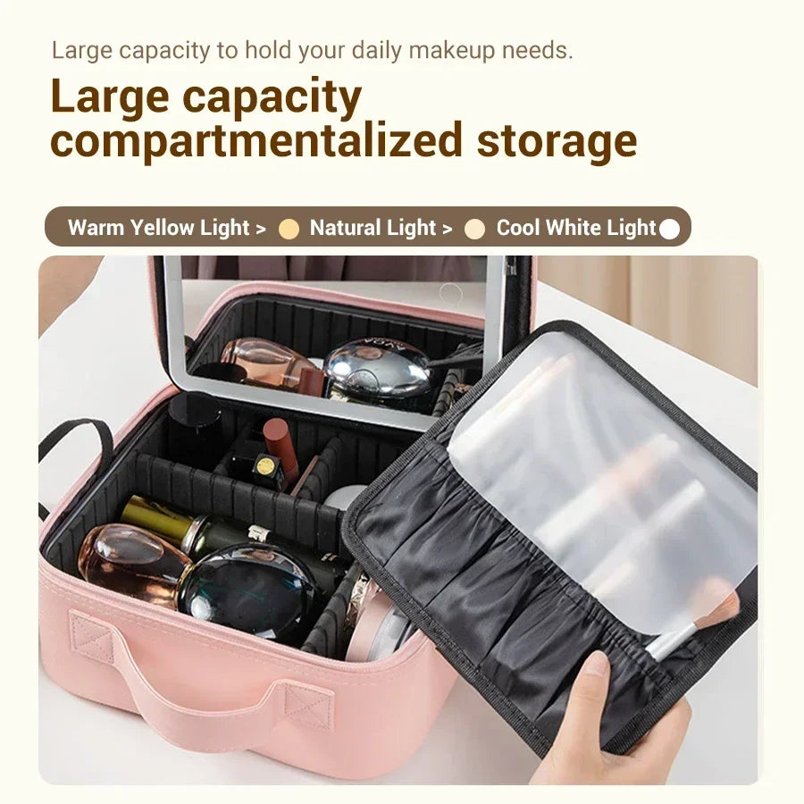 New LED Lighted Cosmetic Case With Mirror PU Leather Portable Travel Makeup Storage Bags Waterproof Travel Makeup Bag
