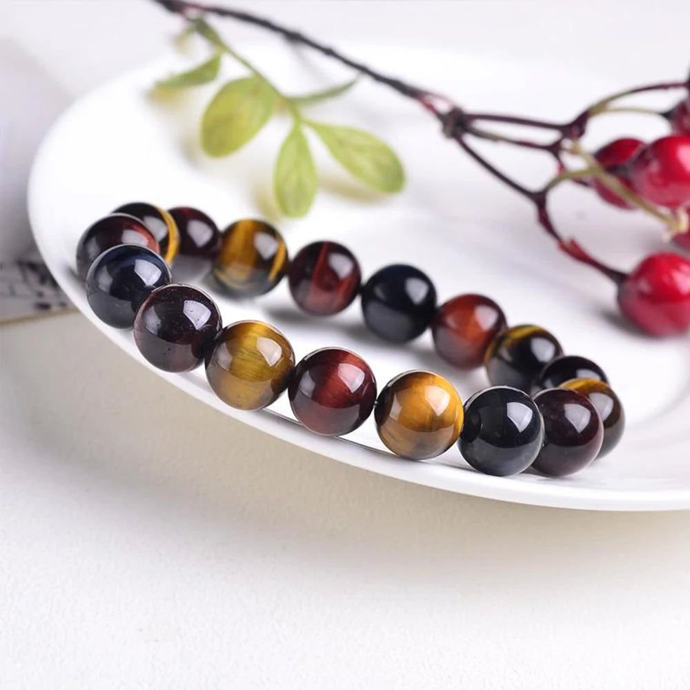 Colored Tiger Eye Bracelet Men and Women Charm Natural Stone Jewelry Healing Buddha Elastic Rope Couple Crystal Bead Bracelet