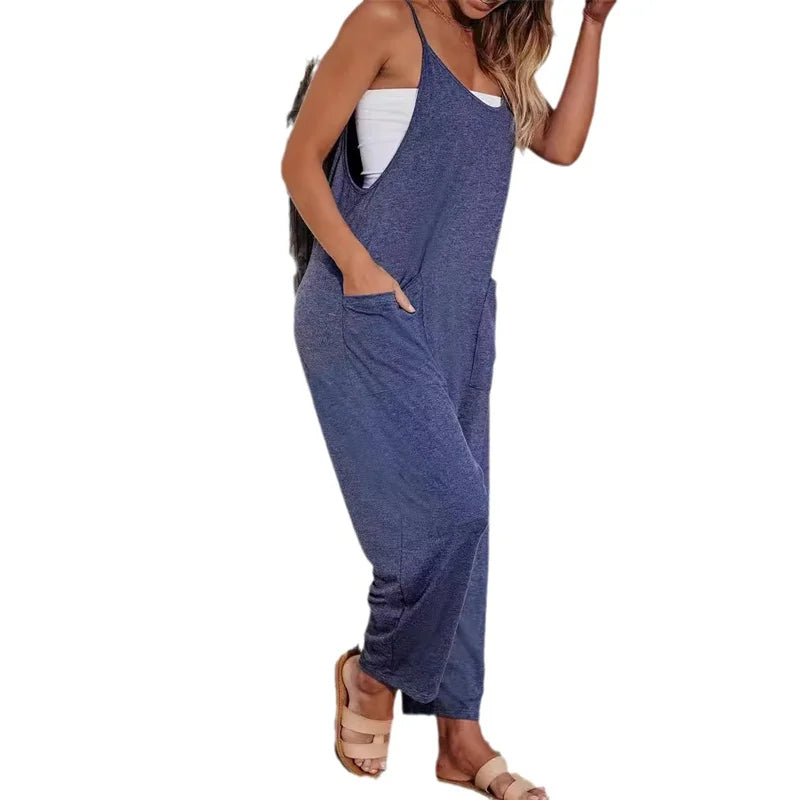 Women's summer 2024 casual pocket suspenders knitted one-piece trousers