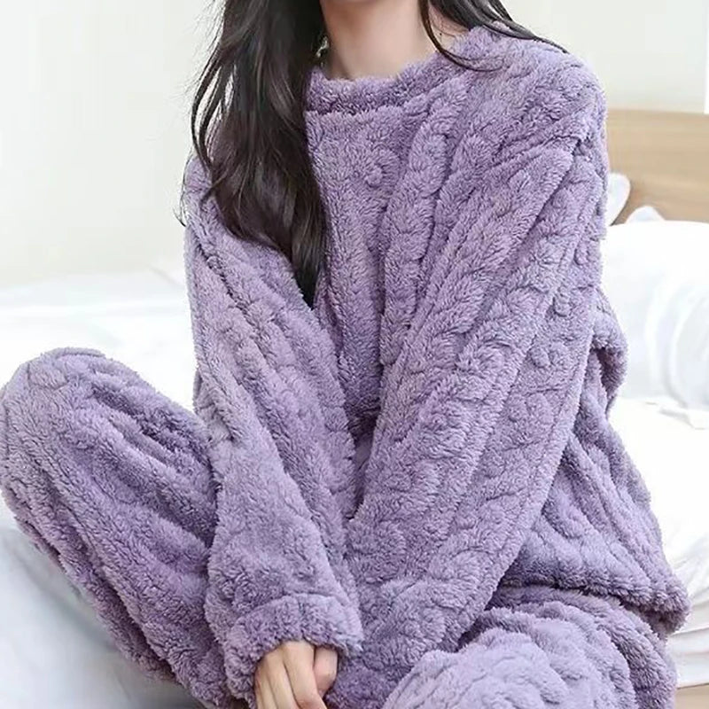 HELIAR Women Warm 2 Piece Sets Thicken Velvet Ribbed Fleece Set Pullover And Pants Casual Pajama Sets Women Autumn Winter 2024