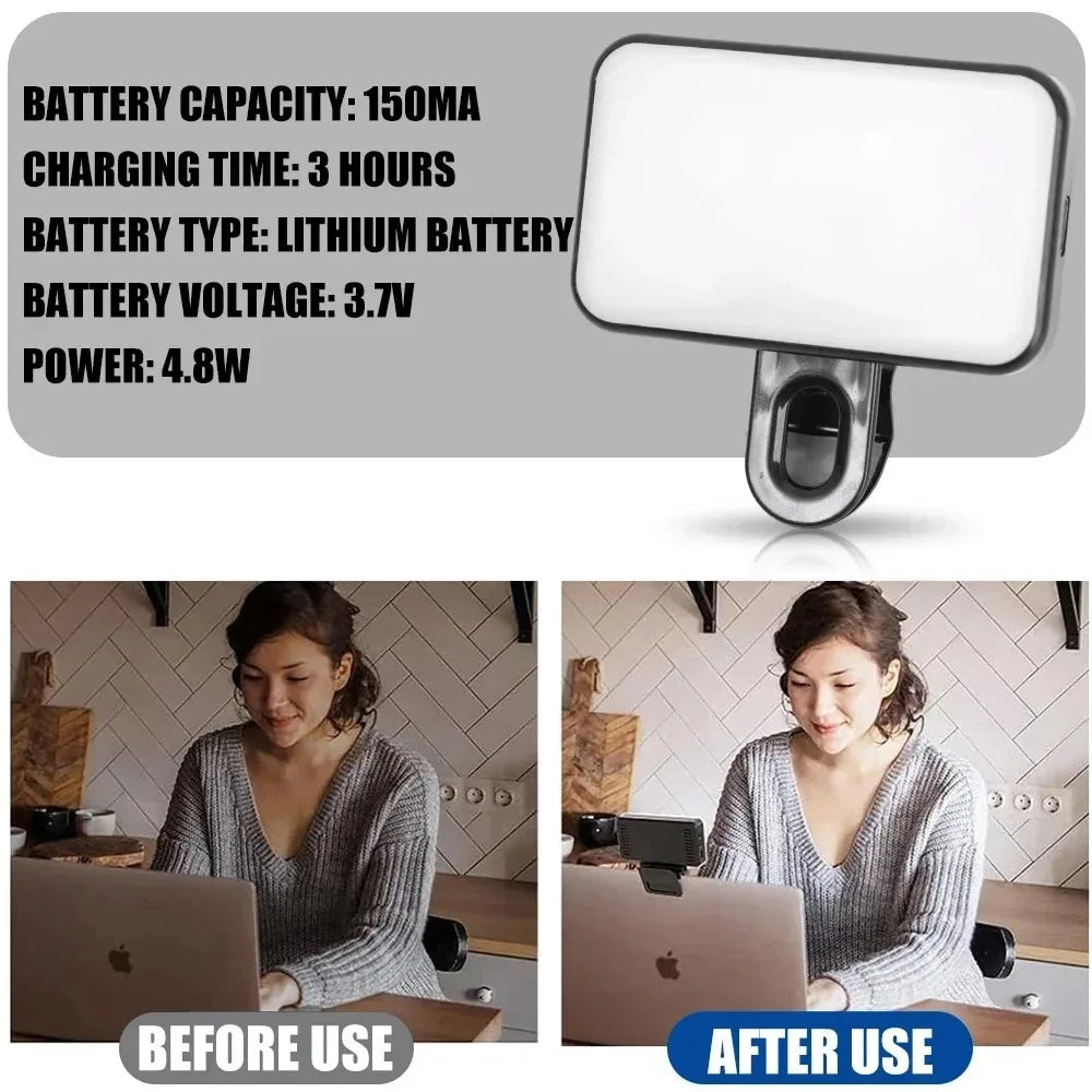 Portable Mini Selfie Fill Light Rechargeable Clip 3 Modes Adjustable Brightness On For Phone Laptop Tablet Meeting Make Up ﻿