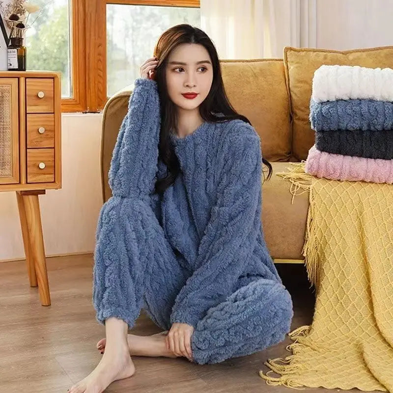 HELIAR Women Warm 2 Piece Sets Thicken Velvet Ribbed Fleece Set Pullover And Pants Casual Pajama Sets Women Autumn Winter 2024