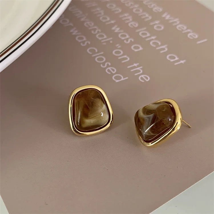 Vintage Brown Resin Tiger Eye Stone Dangle New Earrings For Women Fashion Silver Needle Earring Personality Melard Color Jewelry