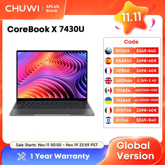 CHUWI CoreBook X Gaming Laptop AMD R5-7430U 16GB DDR4 RAM 512GB SSD 14.1 inch FHD Screen Lightweight Notebook 4.3 GHz Windows 11