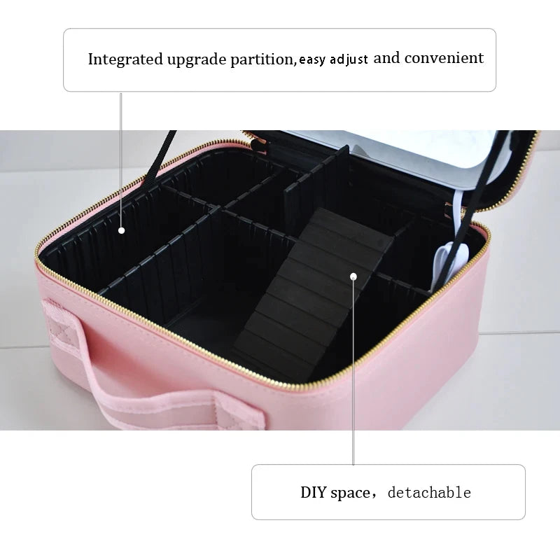 New LED Lighted Cosmetic Case with Mirror Waterproof PU Leather Portable Travel Makeup Storage Bags