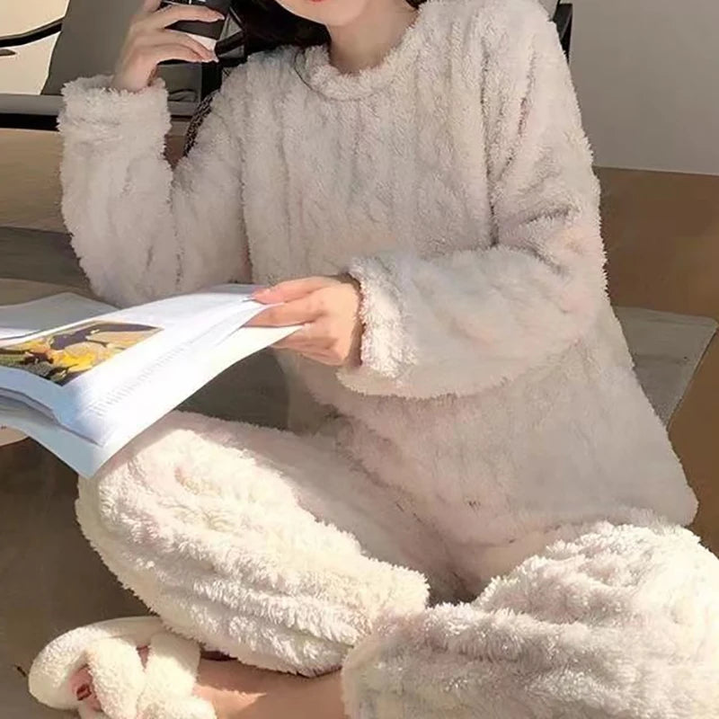 HELIAR Women Warm 2 Piece Sets Thicken Velvet Ribbed Fleece Set Pullover And Pants Casual Pajama Sets Women Autumn Winter 2024