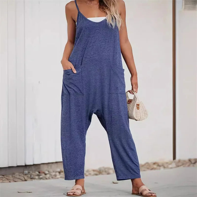 Women's summer 2024 casual pocket suspenders knitted one-piece trousers