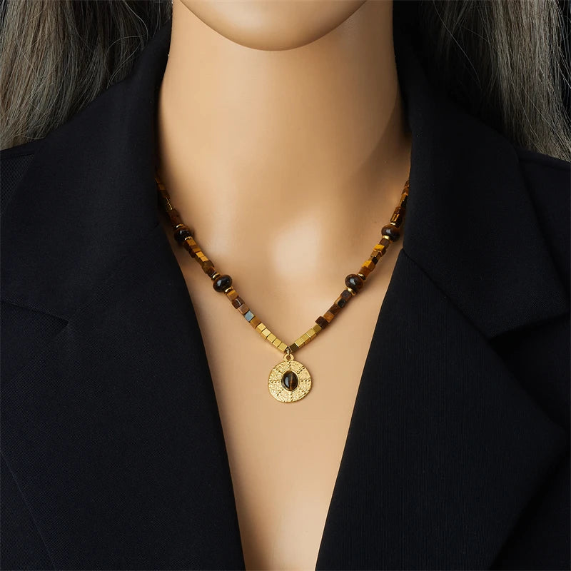 DIEYURO 316L Stainless Steel Square Beaded Vintage Tiger Eye Pendant Necklace For Women Fashion Trend Neck Chain Jewelry Gift