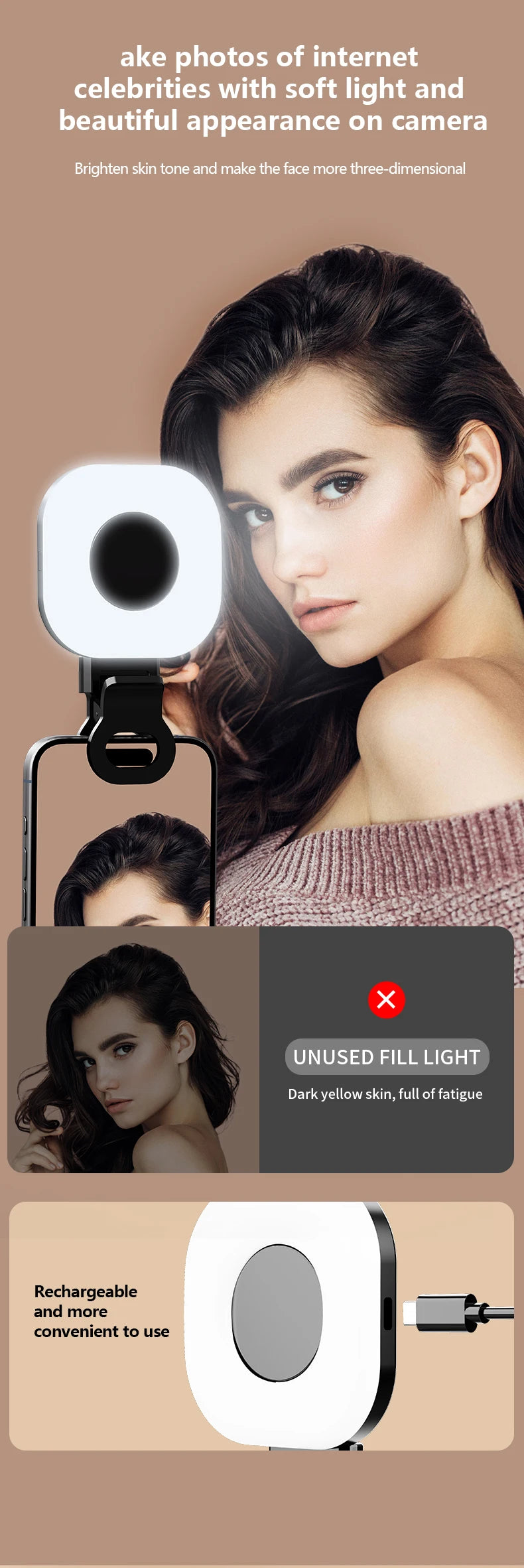 Mini LED Smartphone Selfie Fill Light 3 Modes With Adjustable Brightness Clip Portable Video Light For Tiktok Camera Mobile IPad
