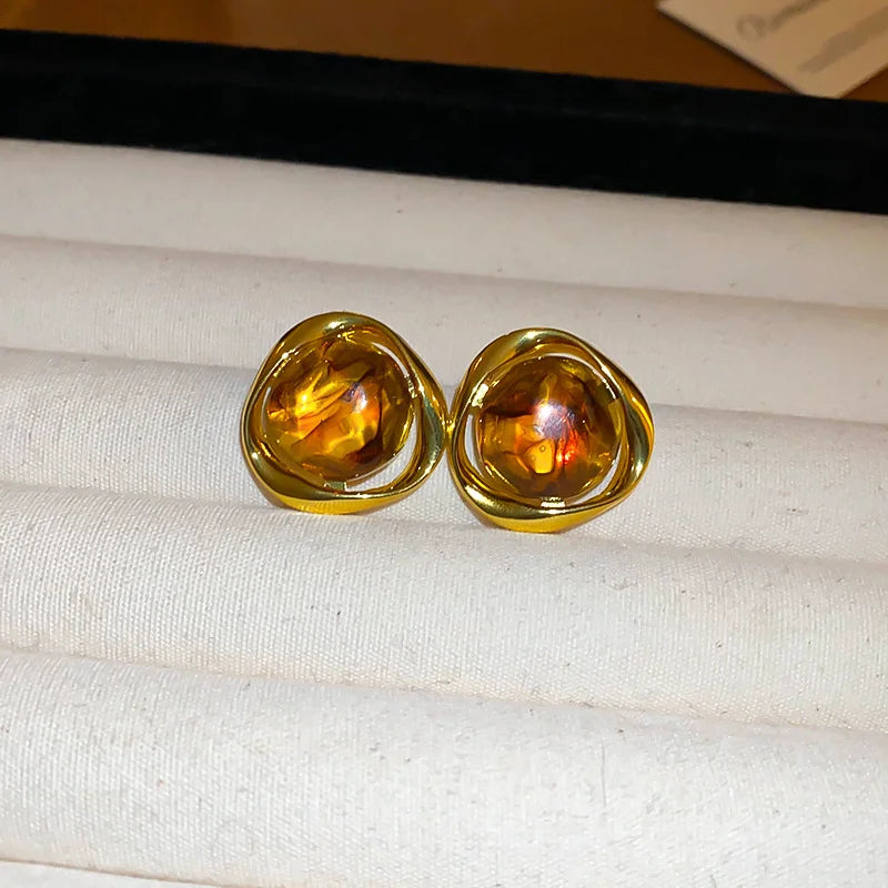Vintage Brown Resin Tiger Eye Stone Dangle New Earrings For Women Fashion Silver Needle Earring Personality Melard Color Jewelry