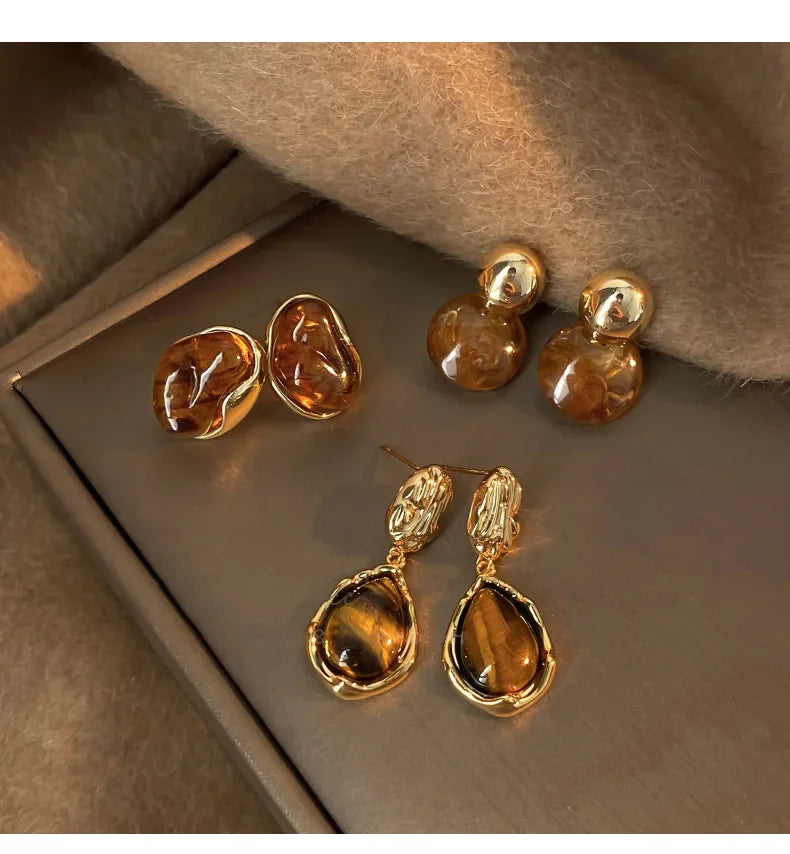 Vintage Brown Resin Tiger Eye Stone Dangle New Earrings For Women Fashion Silver Needle Earring Personality Melard Color Jewelry