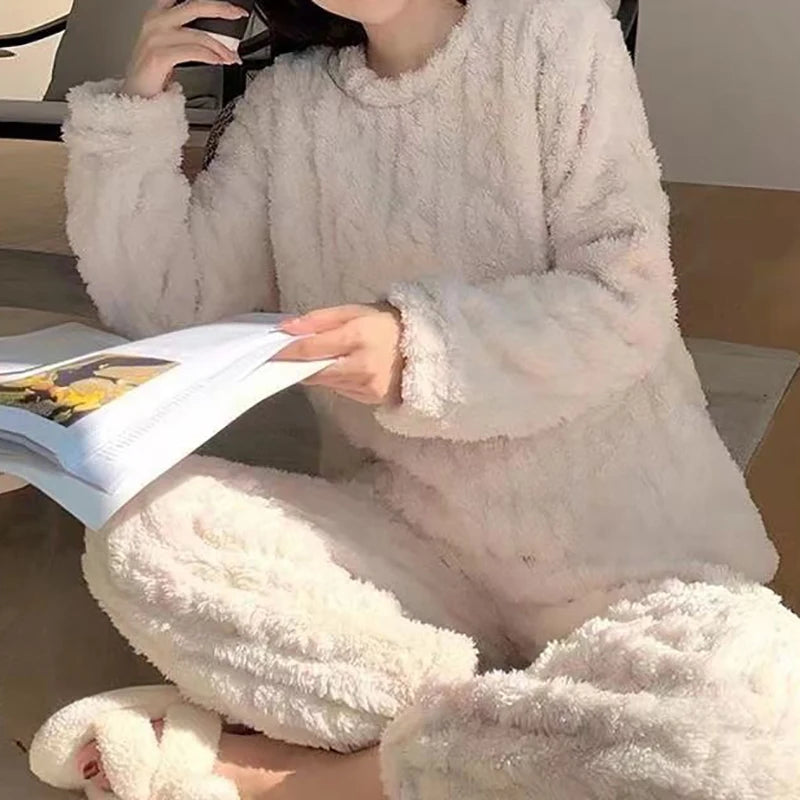 HELIAR Women Warm 2 Piece Sets Thicken Velvet Ribbed Fleece Set Pullover And Pants Casual Pajama Sets Women Autumn Winter 2024