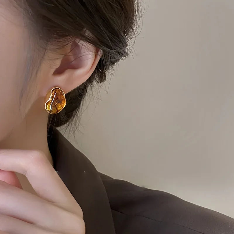 Vintage Brown Resin Tiger Eye Stone Dangle New Earrings For Women Fashion Silver Needle Earring Personality Melard Color Jewelry