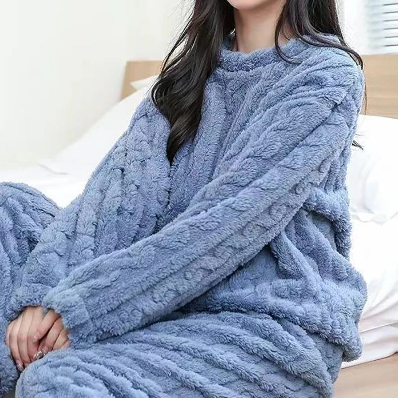 HELIAR Women Warm 2 Piece Sets Thicken Velvet Ribbed Fleece Set Pullover And Pants Casual Pajama Sets Women Autumn Winter 2024
