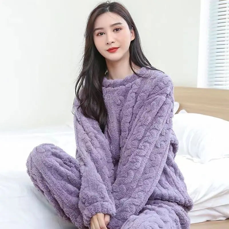 HELIAR Women Warm 2 Piece Sets Thicken Velvet Ribbed Fleece Set Pullover And Pants Casual Pajama Sets Women Autumn Winter 2024