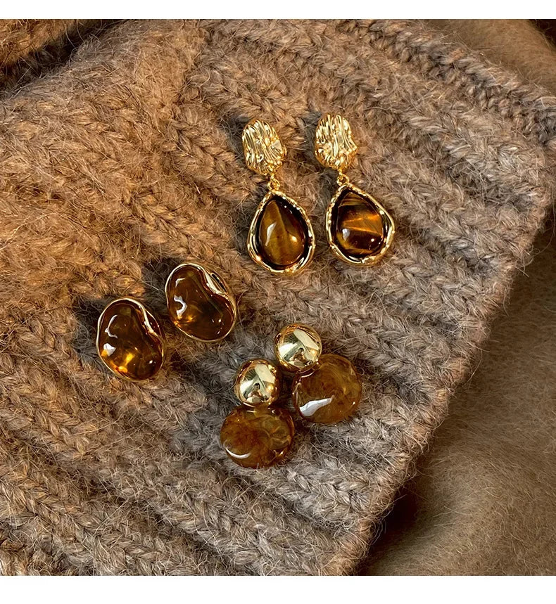 Vintage Brown Resin Tiger Eye Stone Dangle New Earrings For Women Fashion Silver Needle Earring Personality Melard Color Jewelry