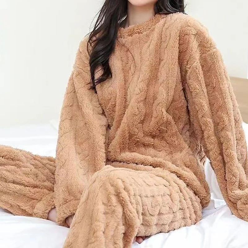 HELIAR Women Warm 2 Piece Sets Thicken Velvet Ribbed Fleece Set Pullover And Pants Casual Pajama Sets Women Autumn Winter 2024