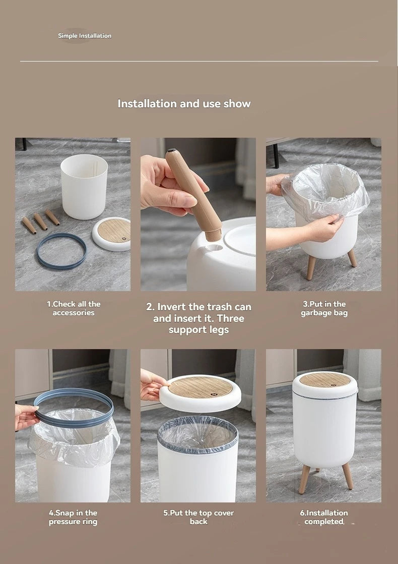 Household high - end trash can, tall - legged with lid for living room, push - type trash can, desktop storage bin for bedroom