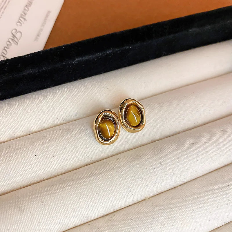 Vintage Brown Resin Tiger Eye Stone Dangle New Earrings For Women Fashion Silver Needle Earring Personality Melard Color Jewelry