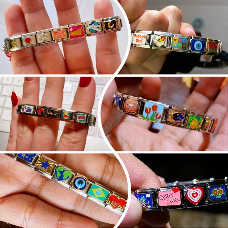 New Fashion Colorful Love Gemstone Style Italian Charm Fit 9mm Link Stainless Steel Bracelet Module DIY Women Men Jewelry Making