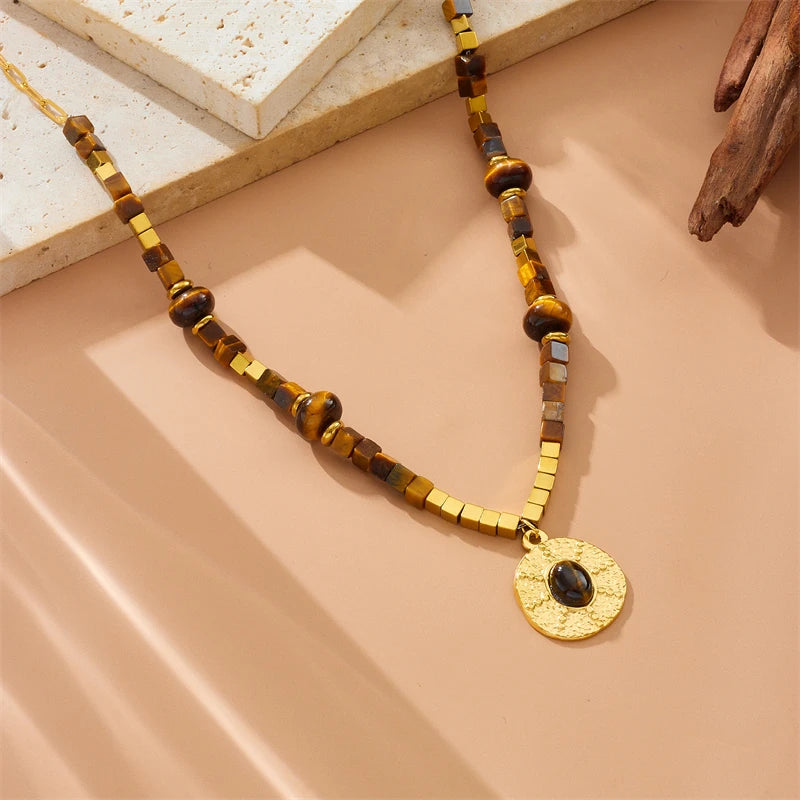 DIEYURO 316L Stainless Steel Square Beaded Vintage Tiger Eye Pendant Necklace For Women Fashion Trend Neck Chain Jewelry Gift