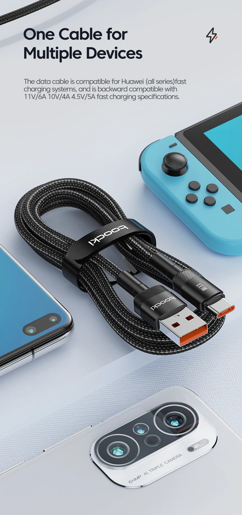 Toocki 100W USB Type C Cable for Xiaomi POCO Samsung Huawei OPPO 6A Fast Charging Charger USB C Data Cord TypeC Cable F