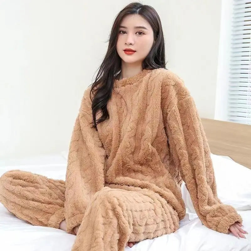 HELIAR Women Warm 2 Piece Sets Thicken Velvet Ribbed Fleece Set Pullover And Pants Casual Pajama Sets Women Autumn Winter 2024