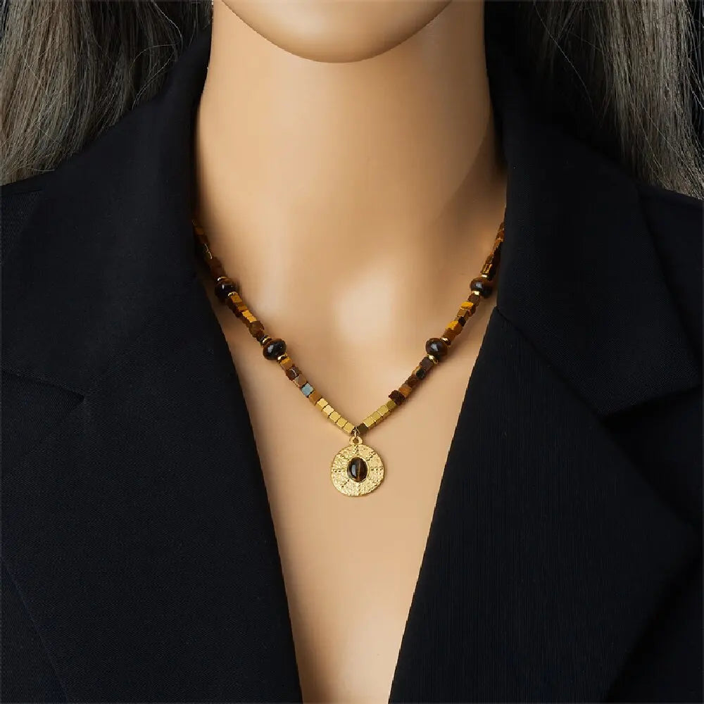 DIEYURO 316L Stainless Steel Square Beaded Vintage Tiger Eye Pendant Necklace For Women Fashion Trend Neck Chain Jewelry Gift