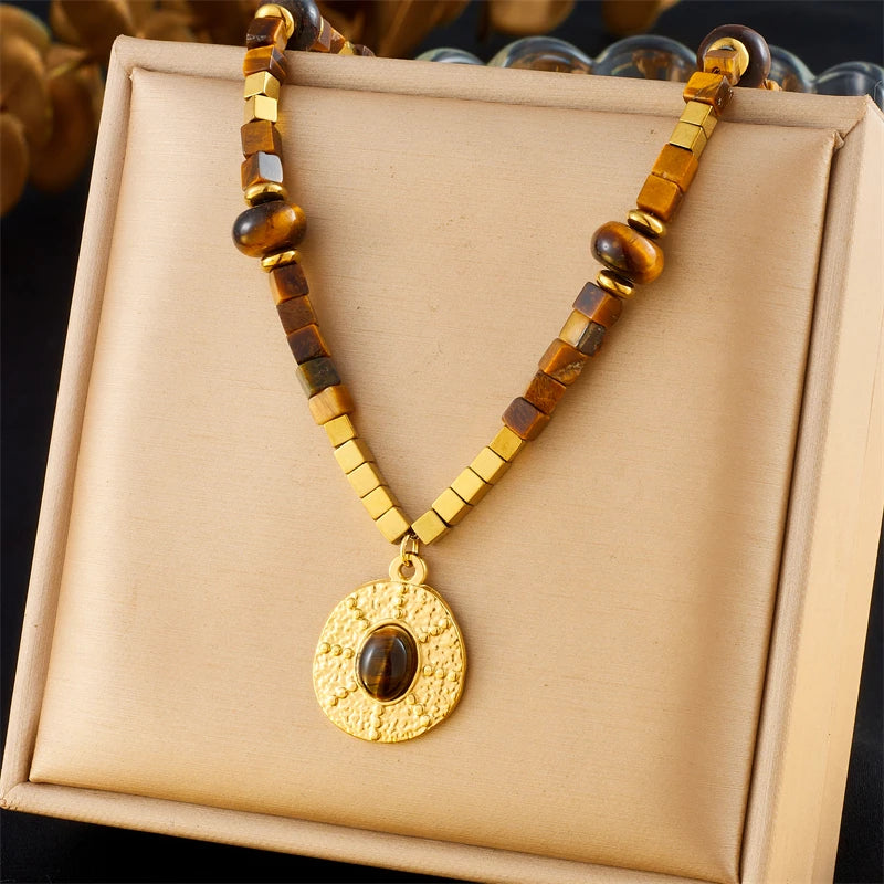 DIEYURO 316L Stainless Steel Square Beaded Vintage Tiger Eye Pendant Necklace For Women Fashion Trend Neck Chain Jewelry Gift