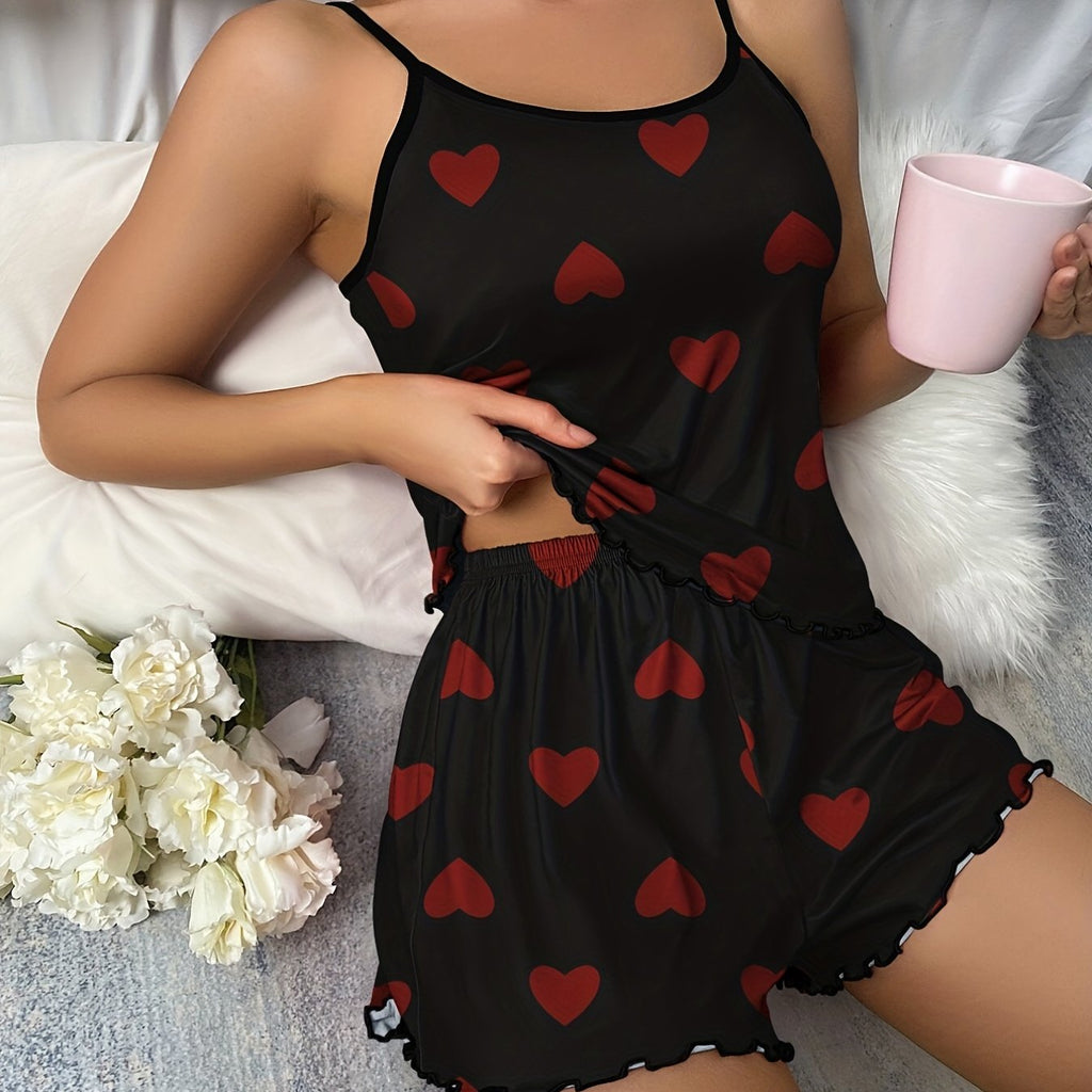 Heart Print Pajama Set, Scoop Neck Cami Top & Lettuce Trim Shorts, Women's Sleepwear & Loungewear