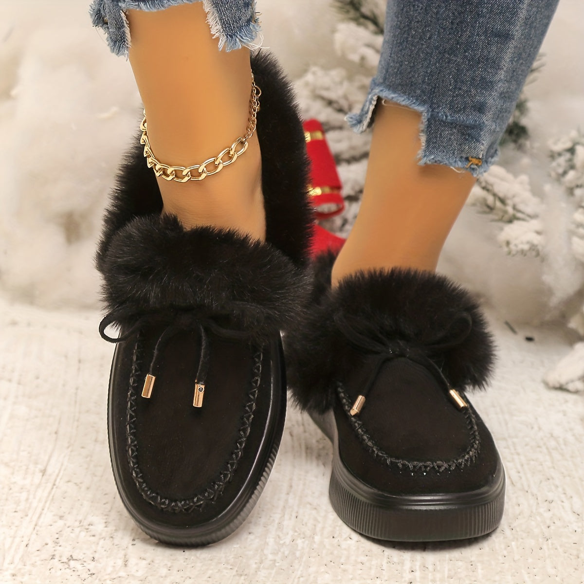 Women's Plush Faux Fur Winter Ankle Boots - Slip-On Snow Boots with Round Toe, Soft Fabric Upper & Lining, Non-Slip Rubber Sole - Plus Size Available in Vibrant Pink for Cold Weather Comfort, Cozy Indoor Slippers, Fashionable