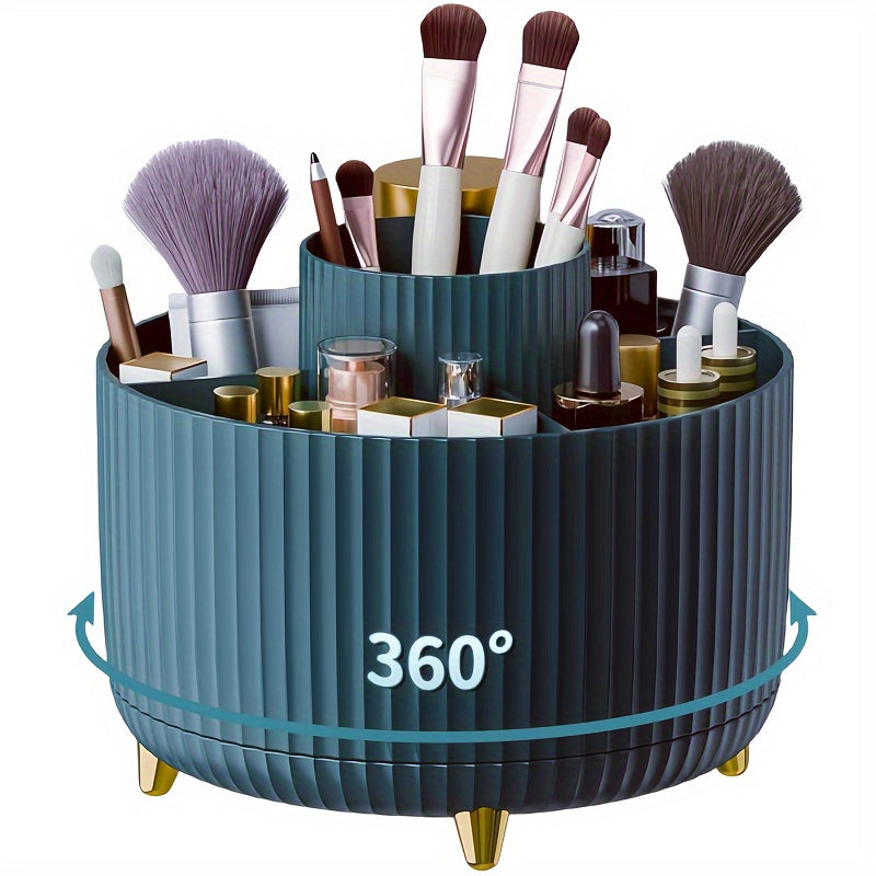 Durable 360° Rotating 1pc Plastic Makeup Organizer with 5 Compartments - Multi-Functional Luxury Stripe Design Holder for Brushes, Lipsticks, Skin Care Products, and Stationery - Easy to Clean Desk Caddy