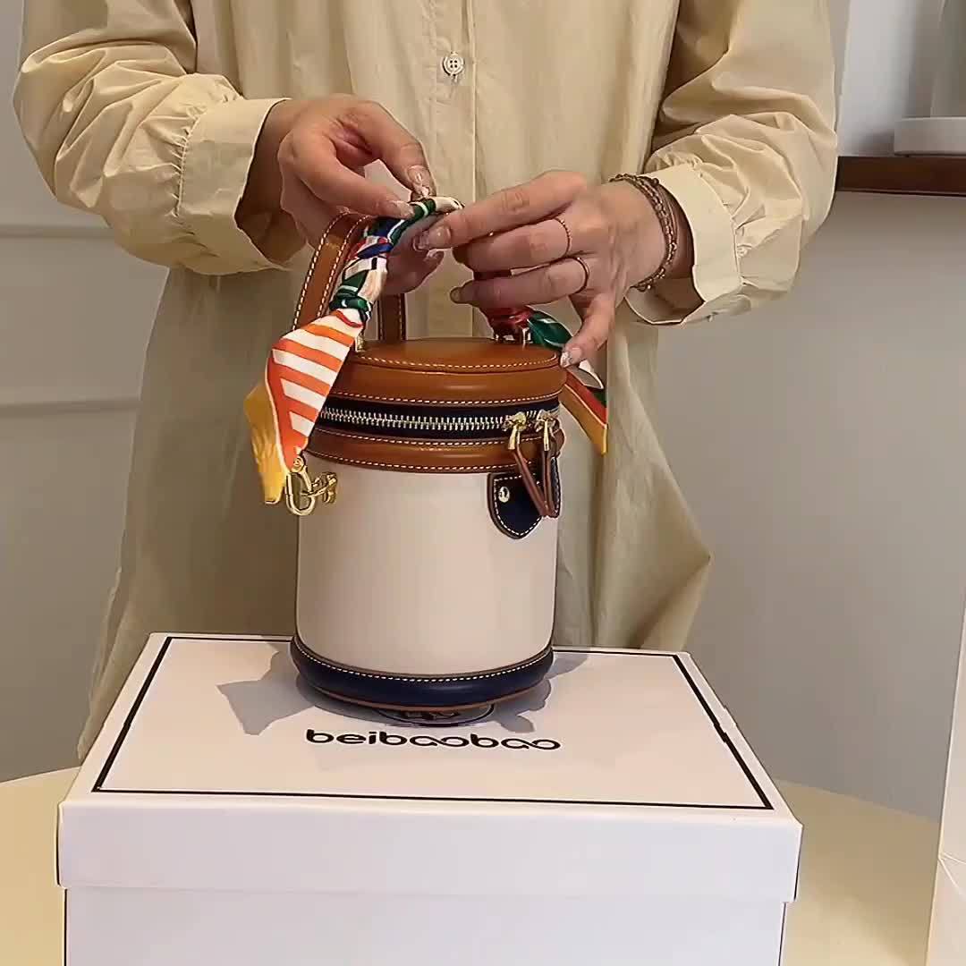 Colorblock Shoulder Cylinder Bucket Bag, Scarf Decor Top Handle Bag, Stylish Crossbody Purse For Women