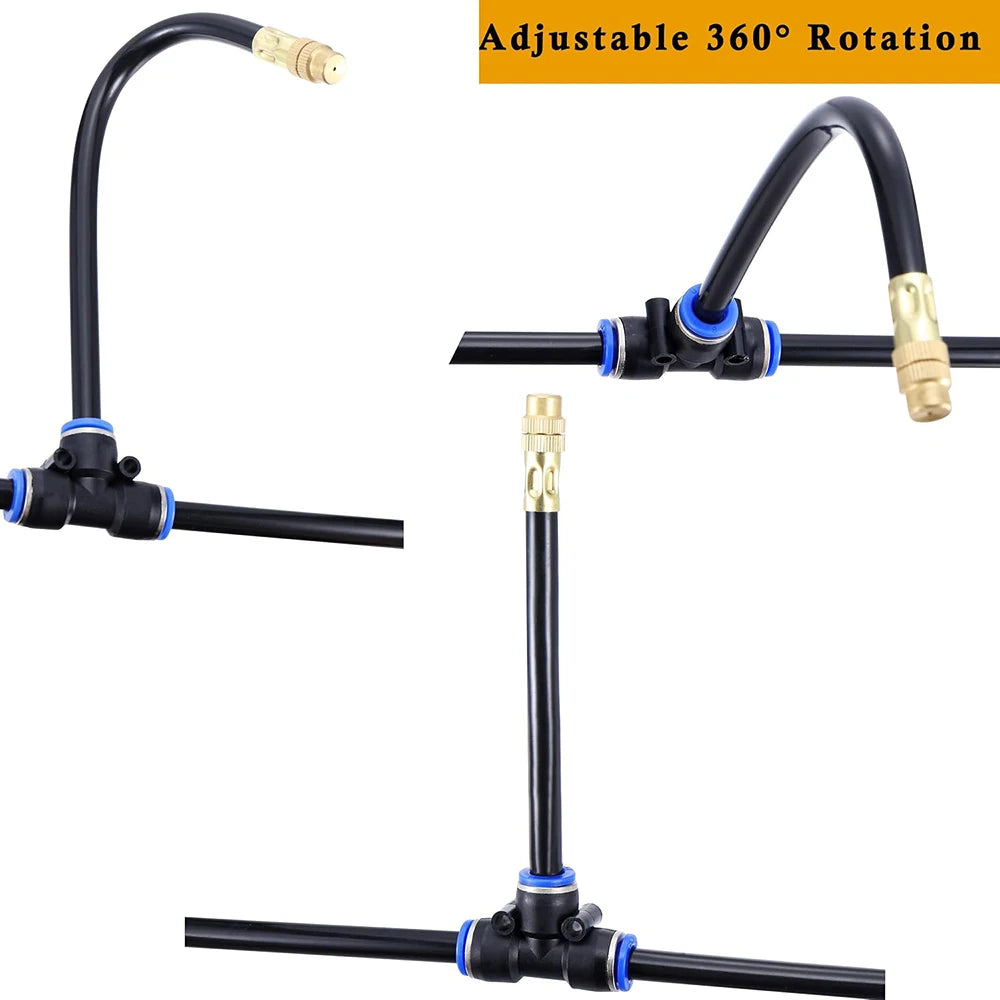5Pcs Brass Misting Nozzles Tee with 20cm Built in Hose for Outdoor Cooling System Adjustable 360° Rotation Nozzles Sprayer