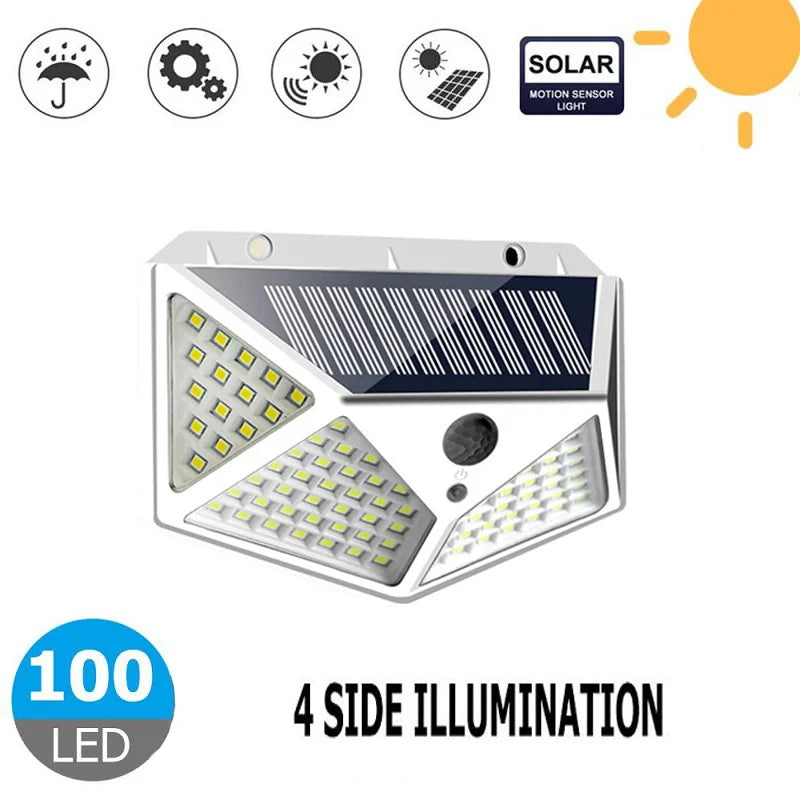 100 LED Solar Wall Lamp 4 Sides Luminous With Motion Sensor Human Induction Courtyard Waterproof Stairs Outdoor Wall Light